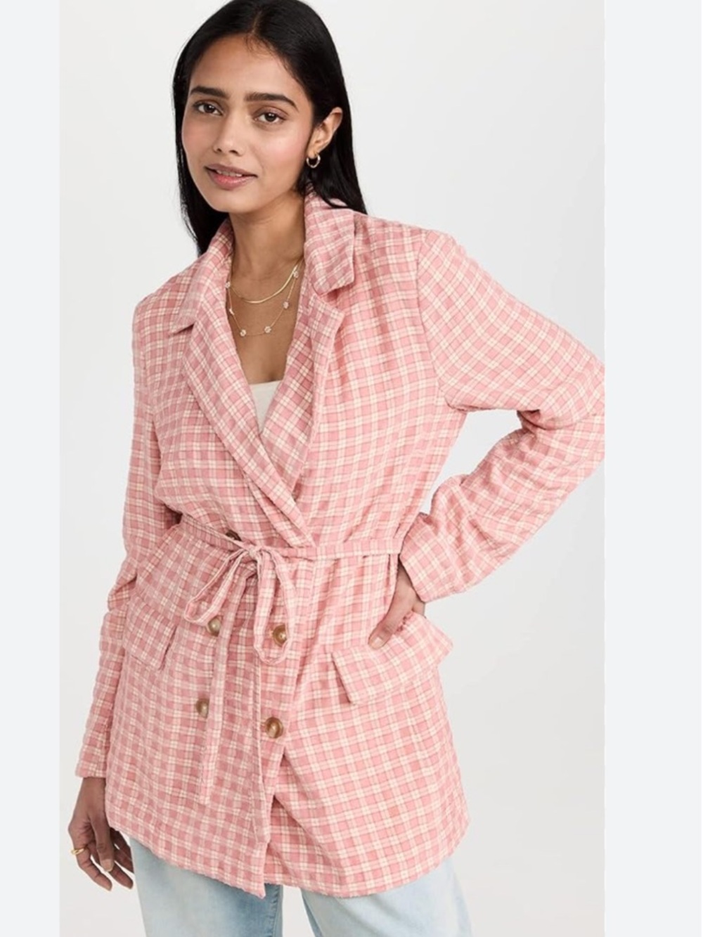 Free People Pink Gingham Drawstring Blazer Size L